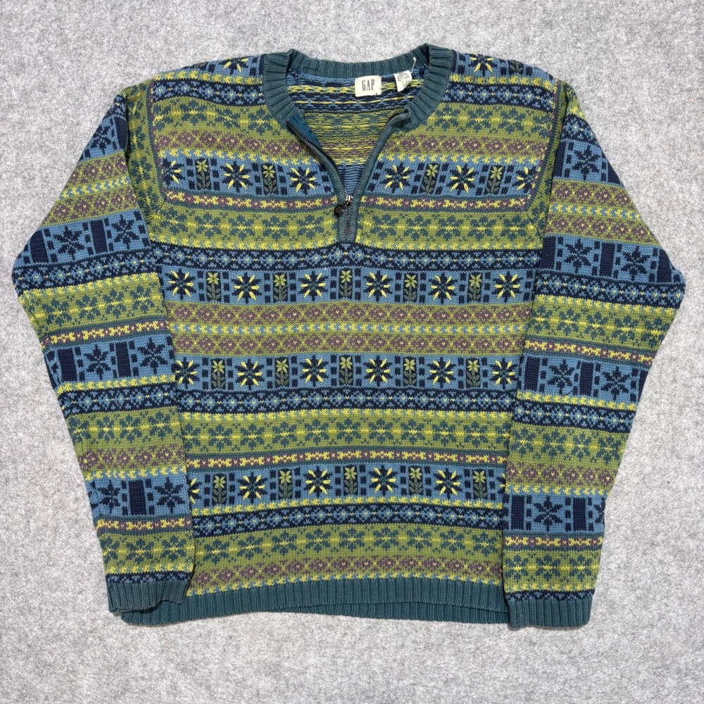 Gap Vintage 90s‎ Fair Isle Quarter Zip Sweater XXL Green Blue Floral Cotton Knit